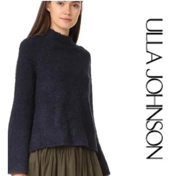 ULLA JOHNSON Amina Sweater Mock Neck Bell Sleeve Navy Blue Wool Cashmere